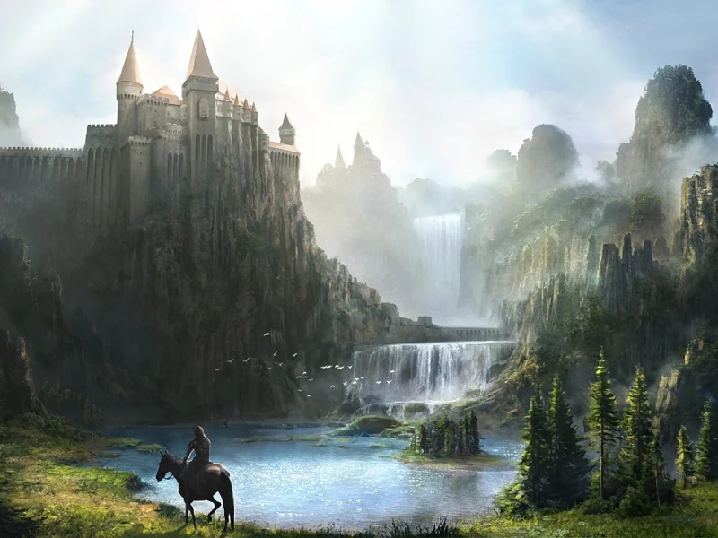 крепость, арт, замок, конь, водопад, доспехи, всадник