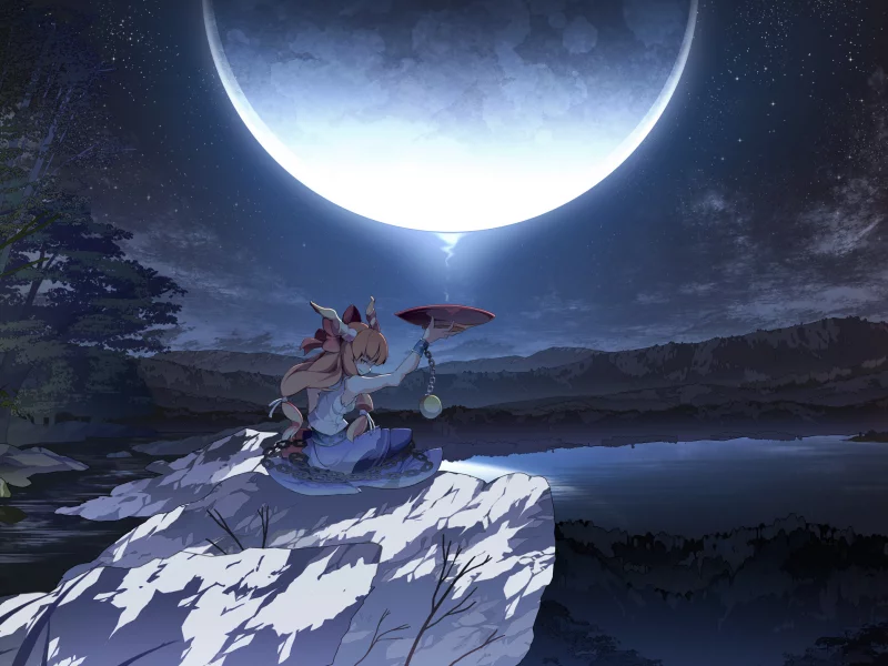 арт, asakura masatoki, ночь, девушка, touhou, чаша, луна, ibuki suika
