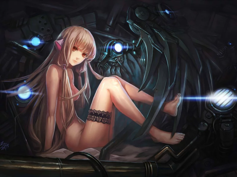уши, kikira, девушка, chobits, провода, сидя, арт, обнажена, chii