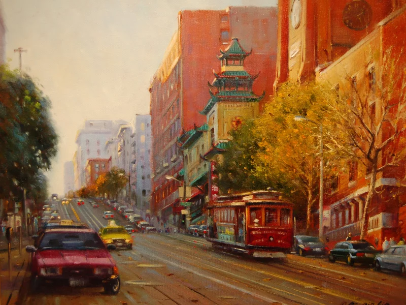 картина, такси, po pin lin, осень, трамвай, арт, пагода