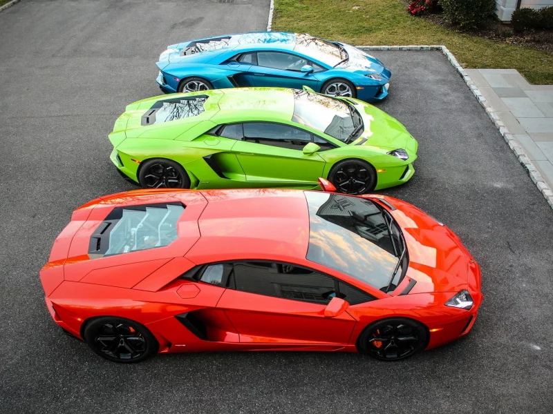 lp700-4, three, aventador, green, blue, lamborghini, red, mixed