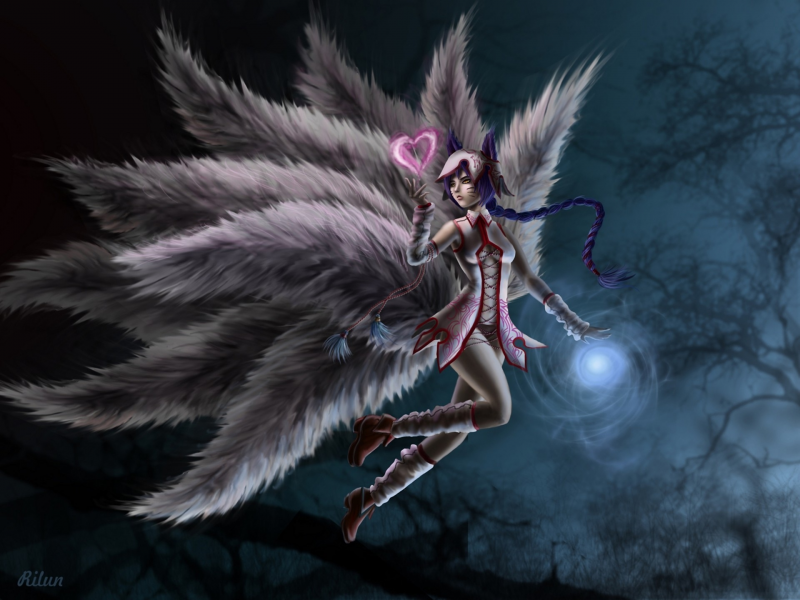 арт, сердечко, league of legends, хвосты, ahri, девушка