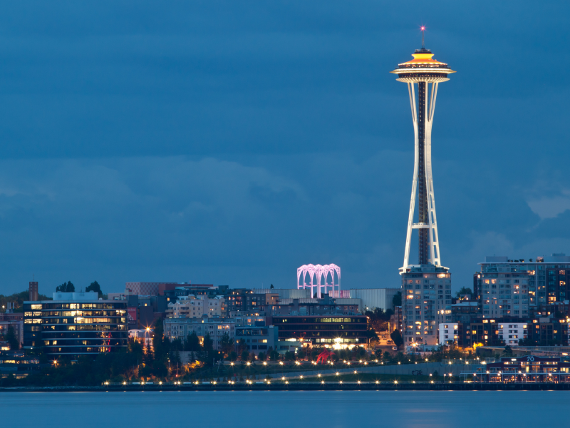 bay, сша, evening, lights, city, seattle, washington, space needle, usa, вашингтон