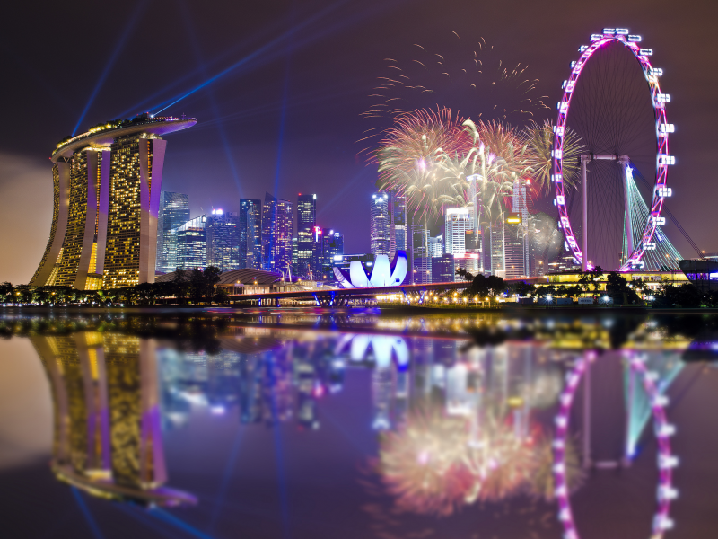 skyscrapers, lights, holiday, gardens by the bay, sky, singapore, night, reflection, architecture