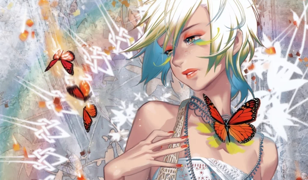 девушка, бабочка, блондинка, рука, midori foo (artist)