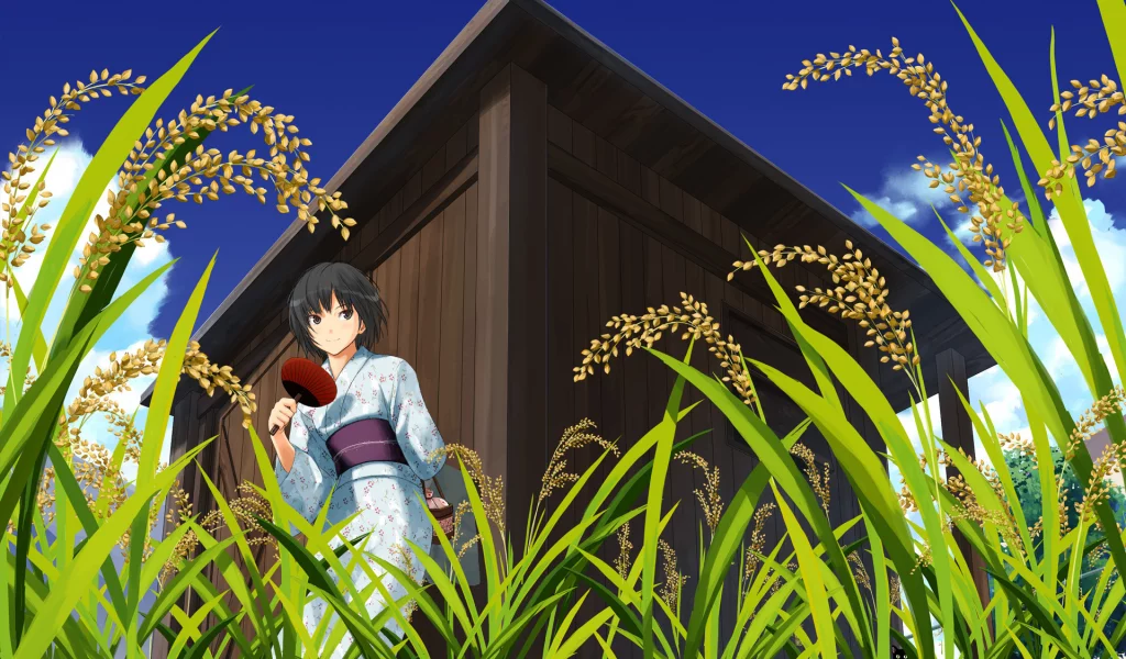 nanasaki ai, amagami, кимоно, веер, природа