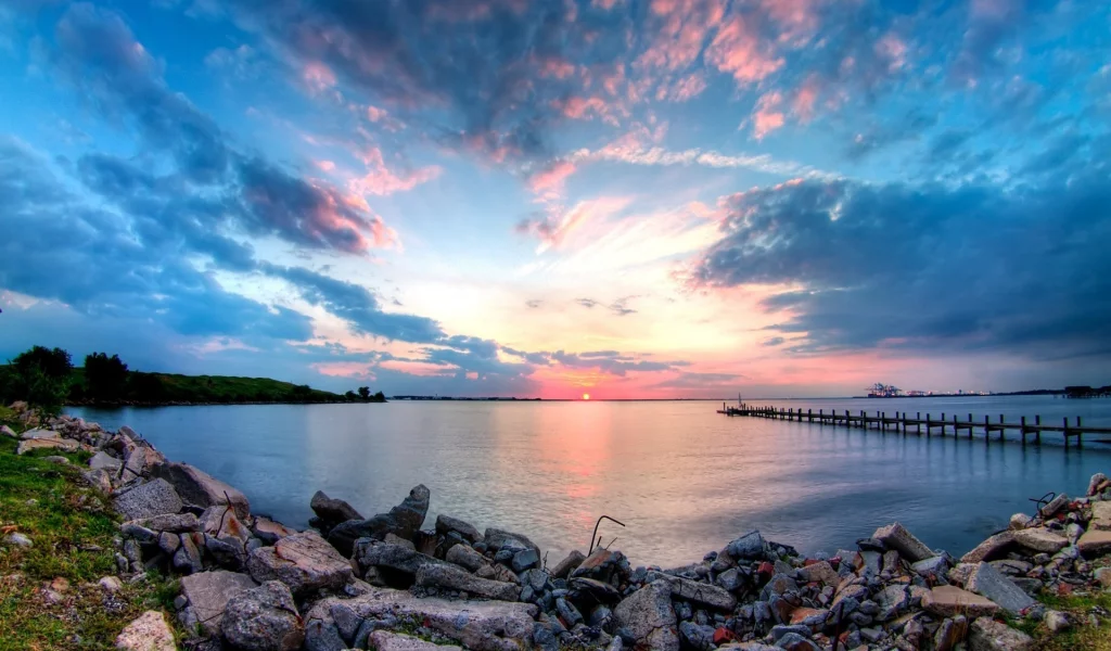 закат, море, вода, берег, природа, причал, пейзаж