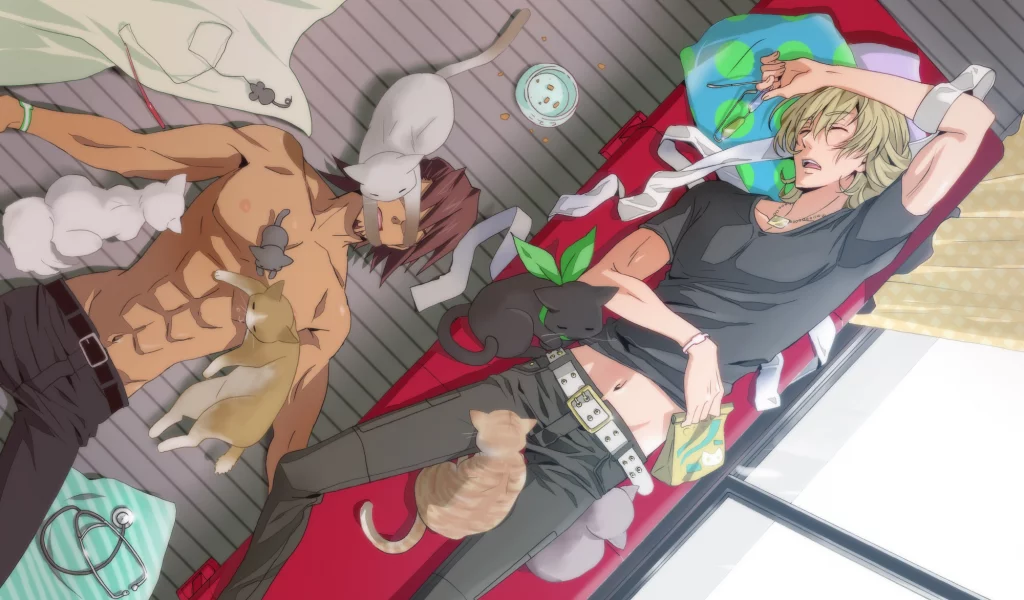 kaburagi t kotetsu, котэ, кошки, диван, комната, barnaby brooks jr, спят, tiger & bunny, парни
