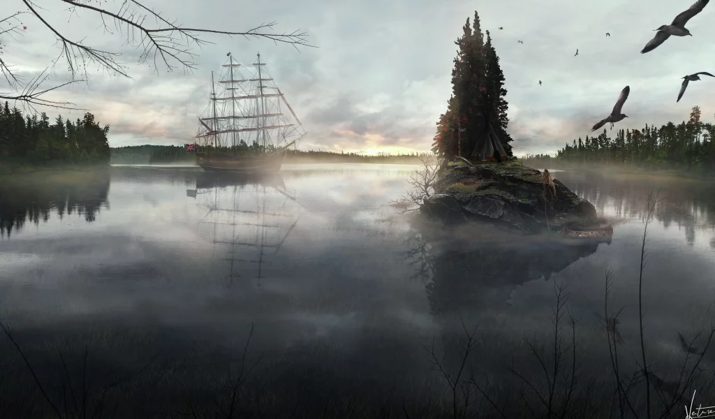 корабль, лес, озеро