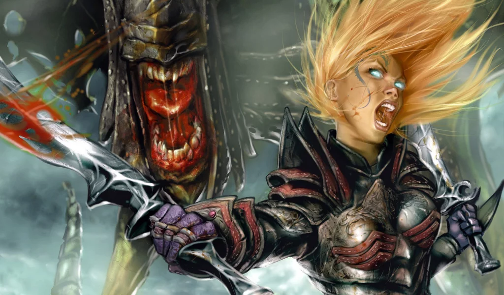 меч, глаза, монстр, оружие, арт, divinity 2, девушка, ярость, доспех, татуировка, кровь