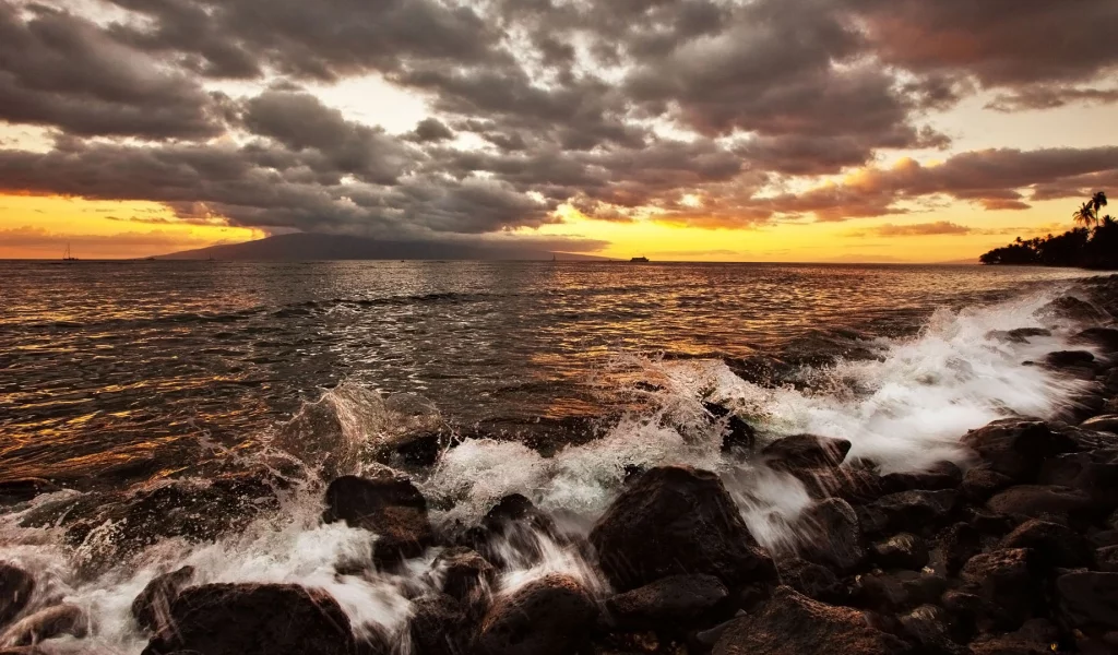 закат, море, небо, камни