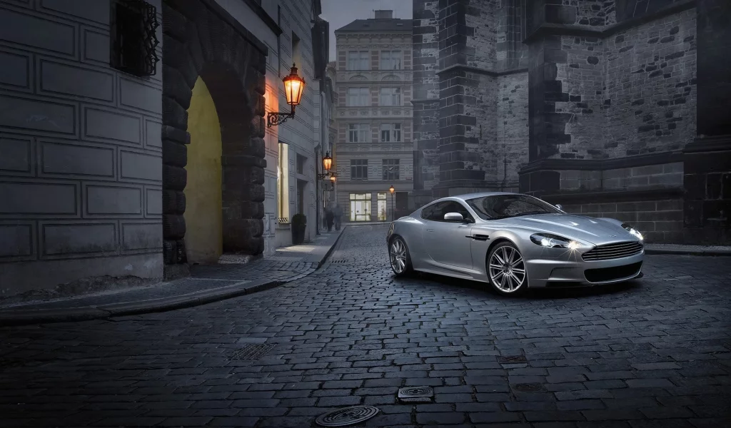 aston martin, вечер, астон мартин, город, улица, dbs, фонарь