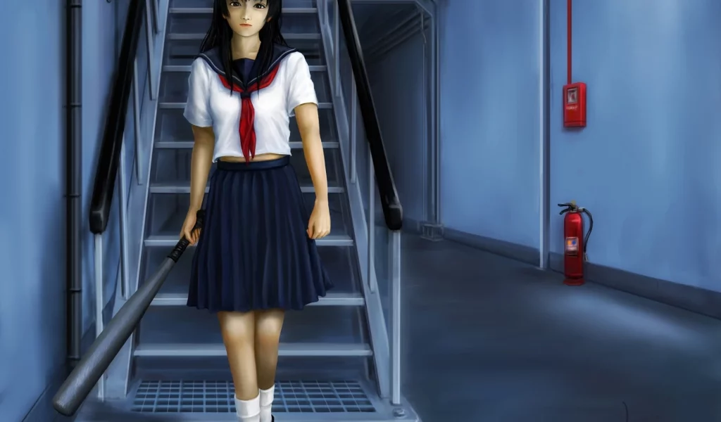 saten ruiko, бита, форма, лестница, арт, девушка, to aru kagaku no railgun, to aru majutsu no index, помещение