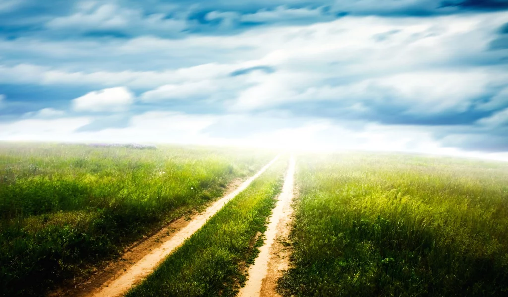 колея, поле, green pathway, облака, горизонт, дорога, просёлочная