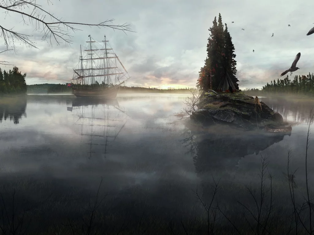 корабль, лес, озеро