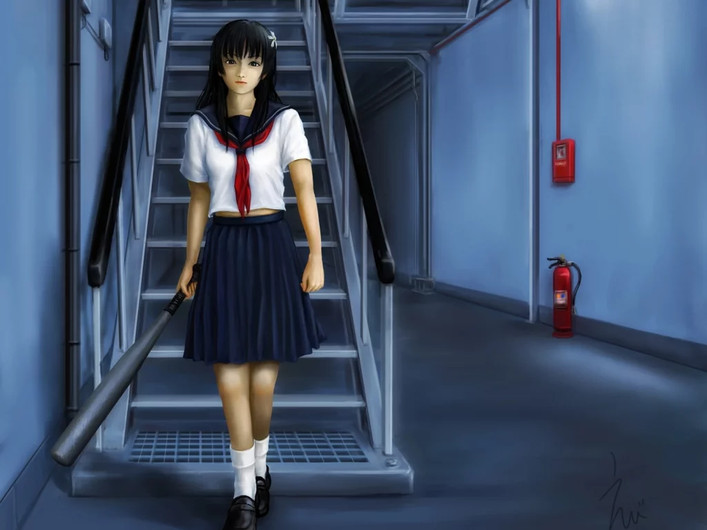 saten ruiko, бита, форма, лестница, арт, девушка, to aru kagaku no railgun, to aru majutsu no index, помещение