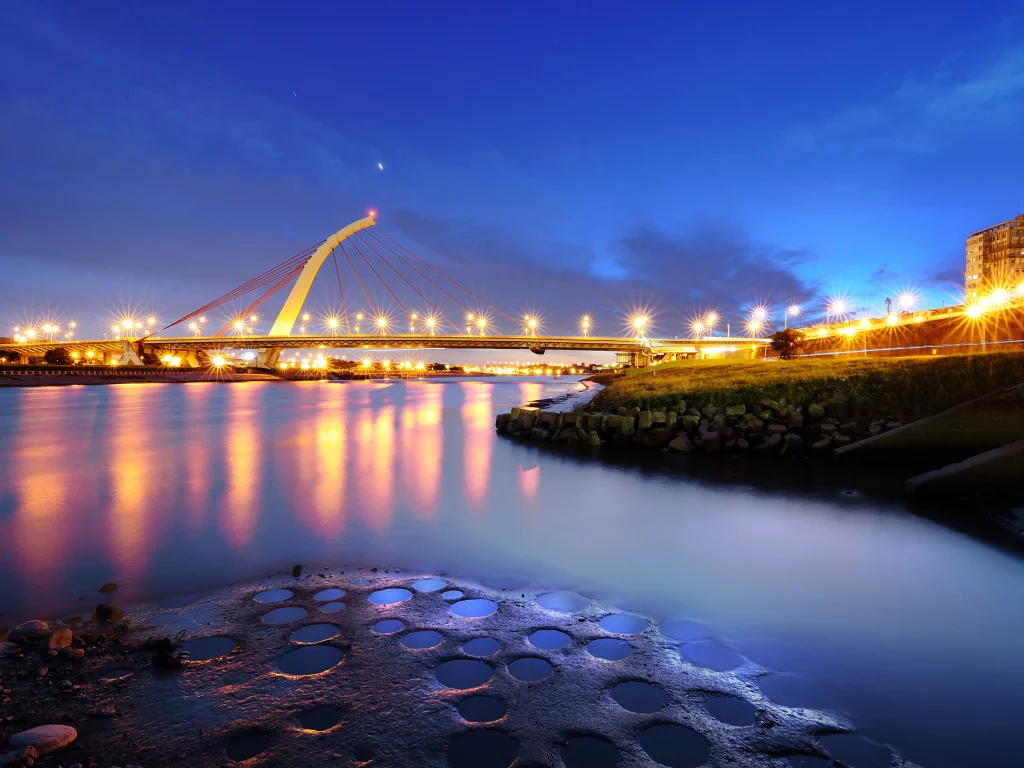 город, огни, мост, вечер
