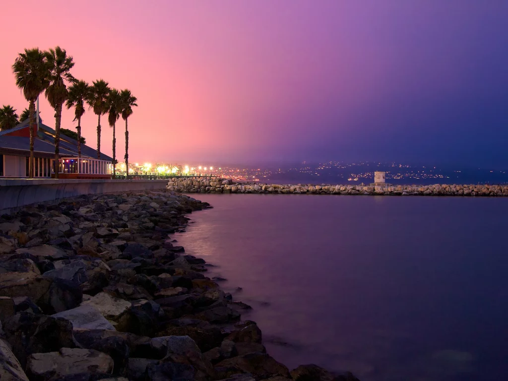 побережье, город, закат, california, пальмы