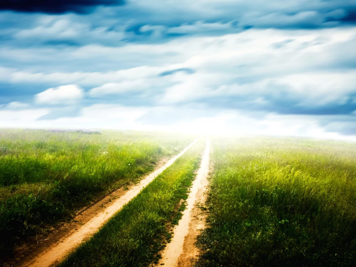 колея, поле, green pathway, облака, горизонт, дорога, просёлочная
