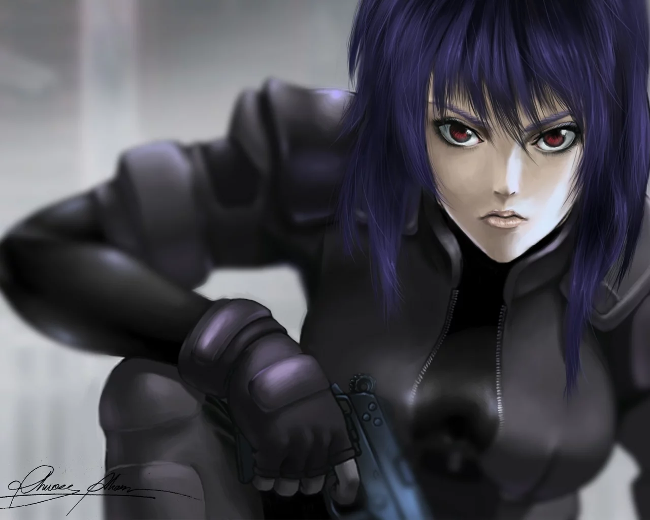 kusanagi motoko, пистолет, ghost in the shell, девушка, арт, оружие