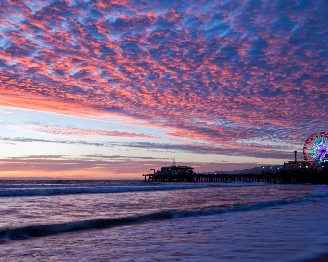 santa monica, море, вечер, горизонт, штат калифорния, санта - моника, сша, побережье, пирс, закат, небо