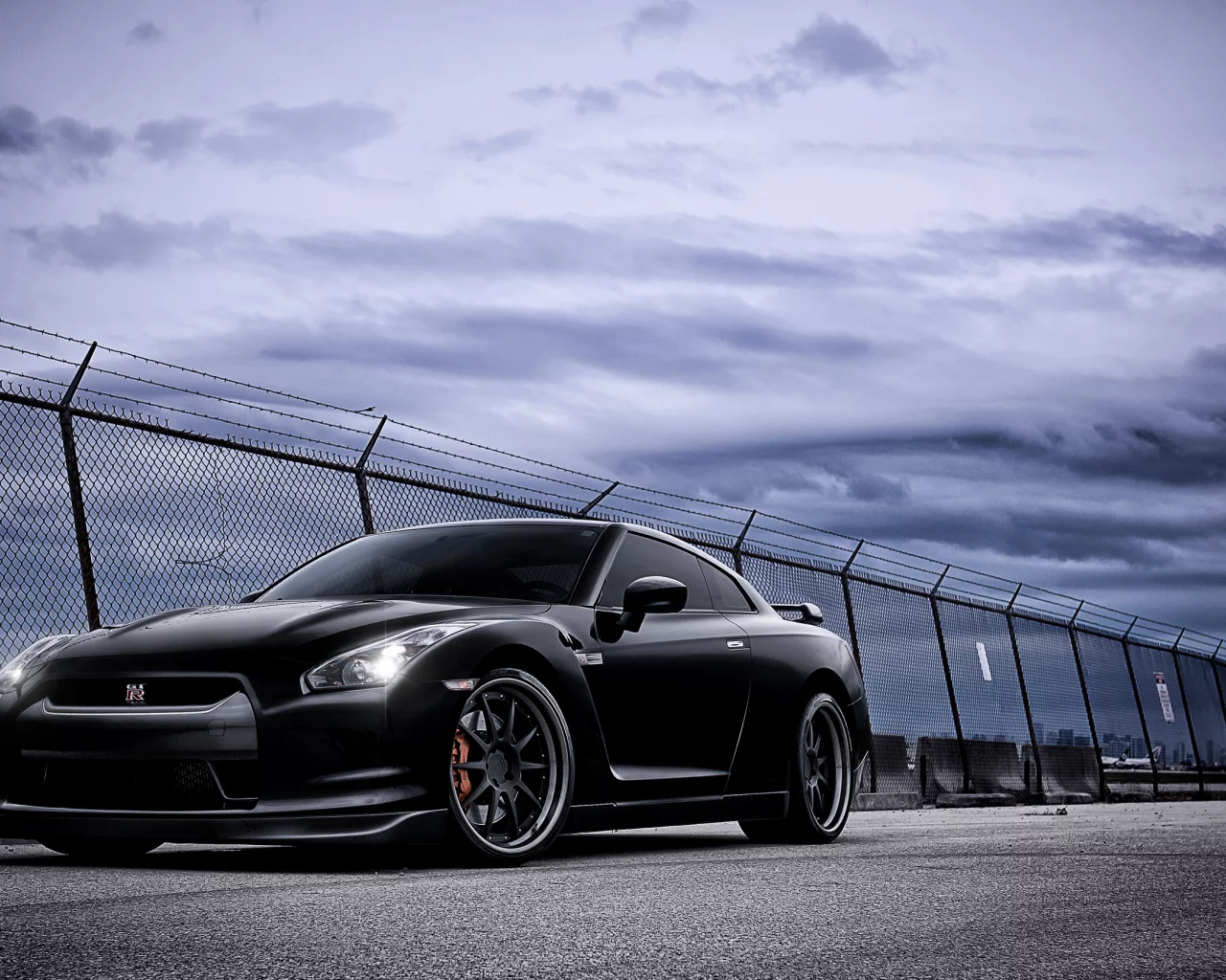 nissan, тучи, black, gt-r, небо