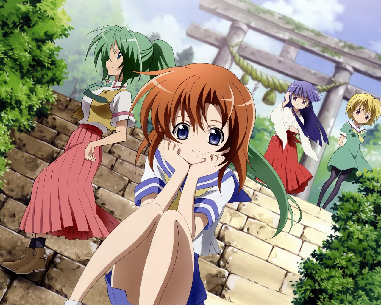 сидит, mion sonozaki, храм, higurashi no naku koro ni, лестница, когда плачут цикады, ворота, rika furude, anime, satoko hojo, аниме, девушки, rena ryuugu