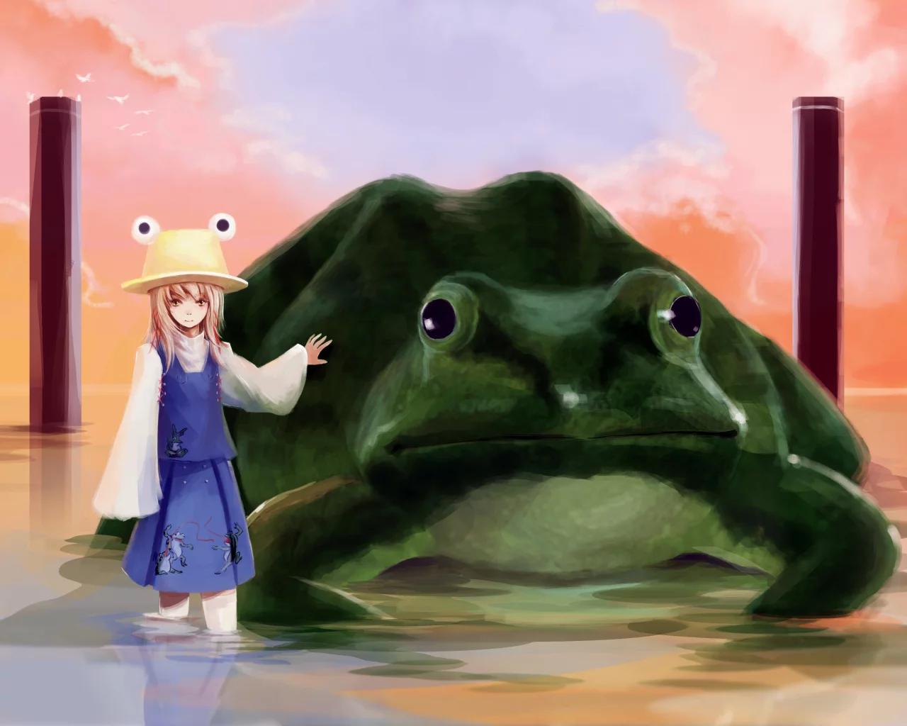 touhou, птицы, вода, колонны, облака, шляпа, лягушка, moriya suwako, жаба, девочка