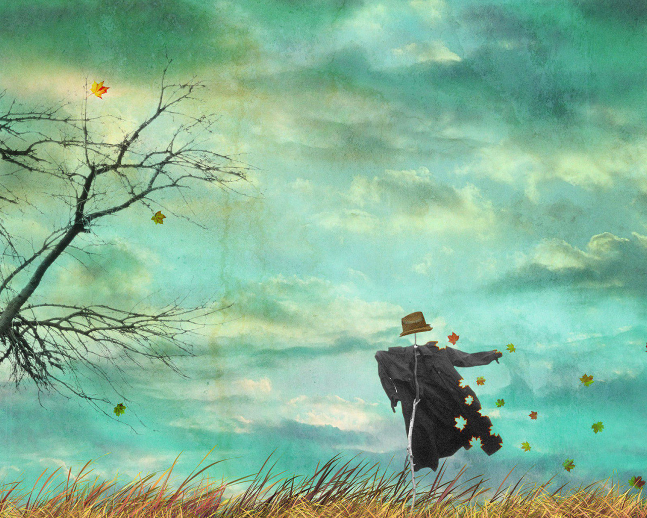 картинка, арт, поле, небо, прохлада, ветер, осень, фон, обои, настроение, листья, деревья