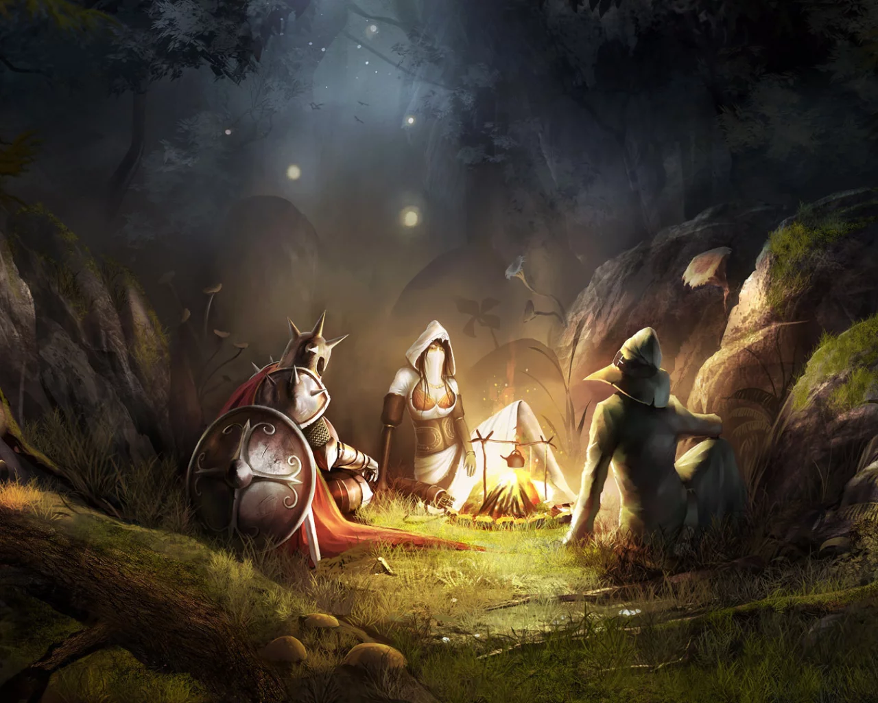 костер, воин, ночь, привал, щит, trine 2, лес
