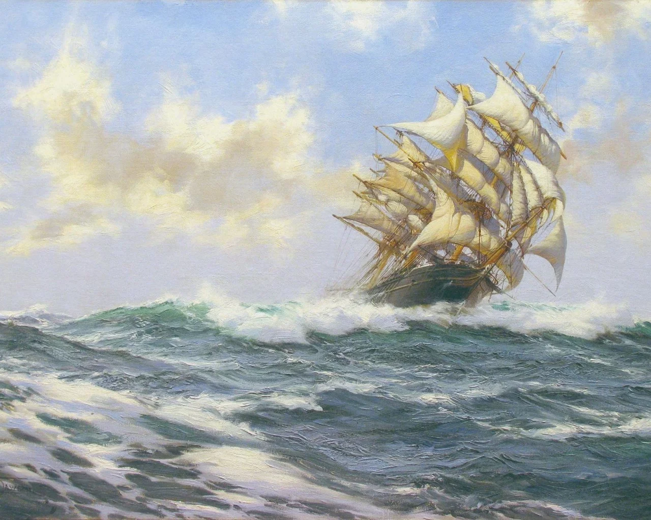 море, парусник, волны, корабль, montague dawson, облака