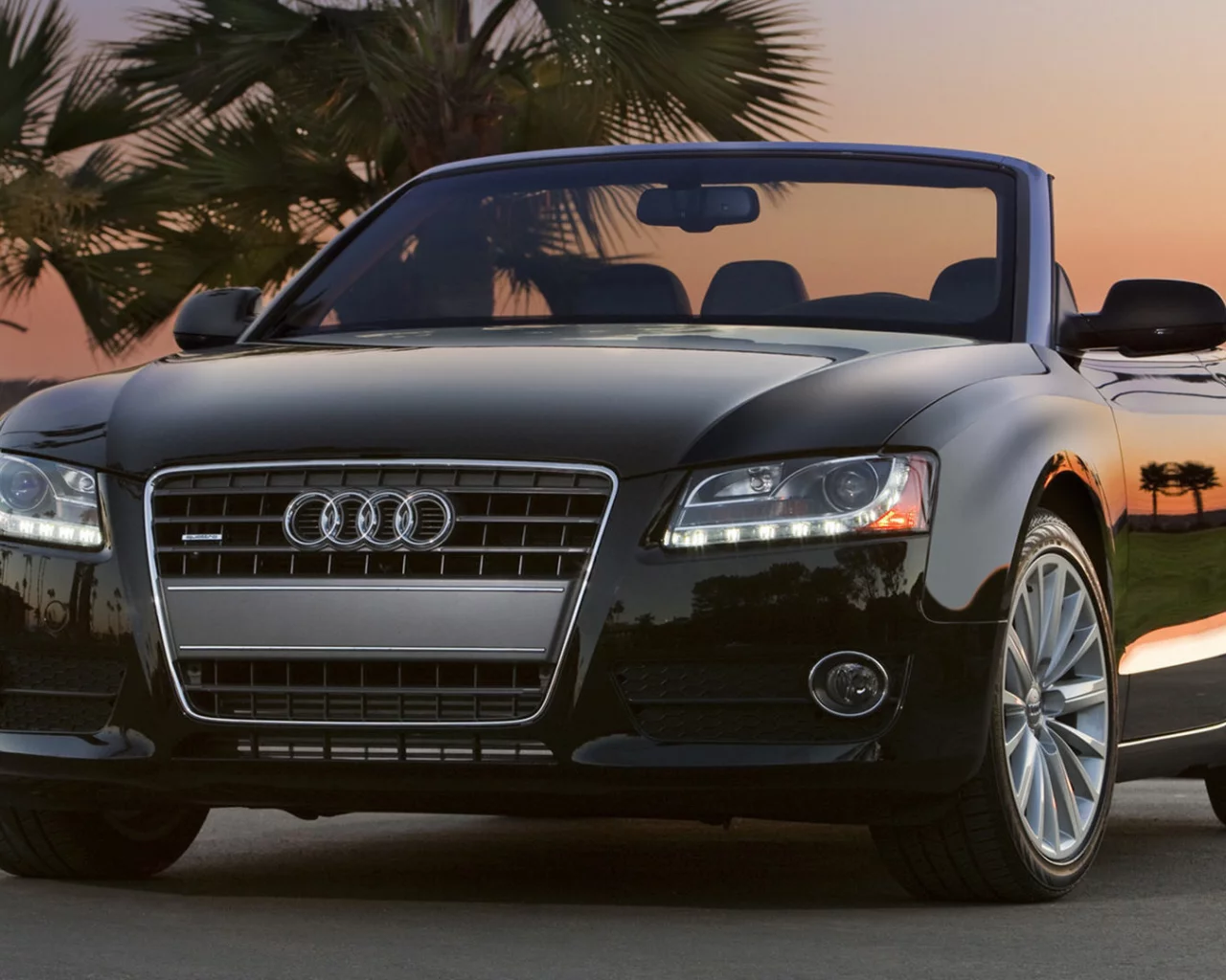 audi a5, кабриолет, пальмы, закат