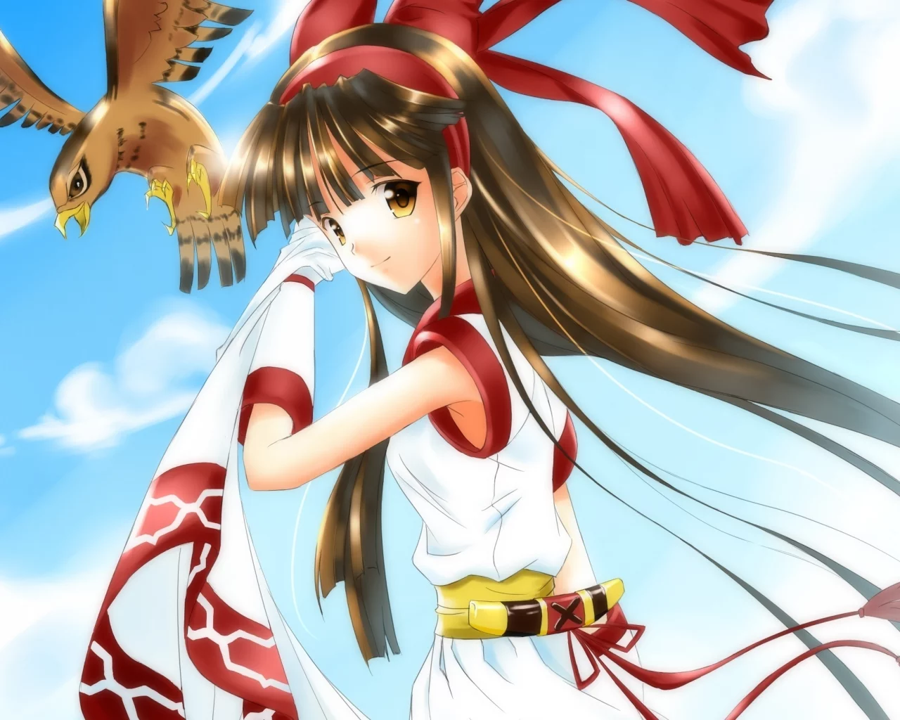 небо, nakoruru, птица, samurai spirits, девушка, ame no uta (artist), самурай