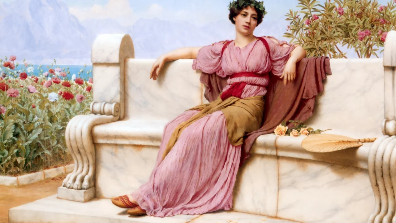 девушка, картина, рисунок, john william godward, сидит