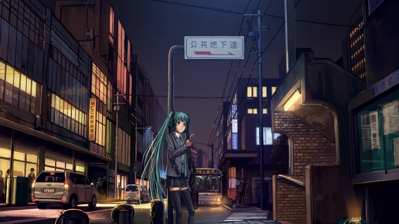 машины, улица, вокалоид, мобильник, vocaloid, вечер, девушка