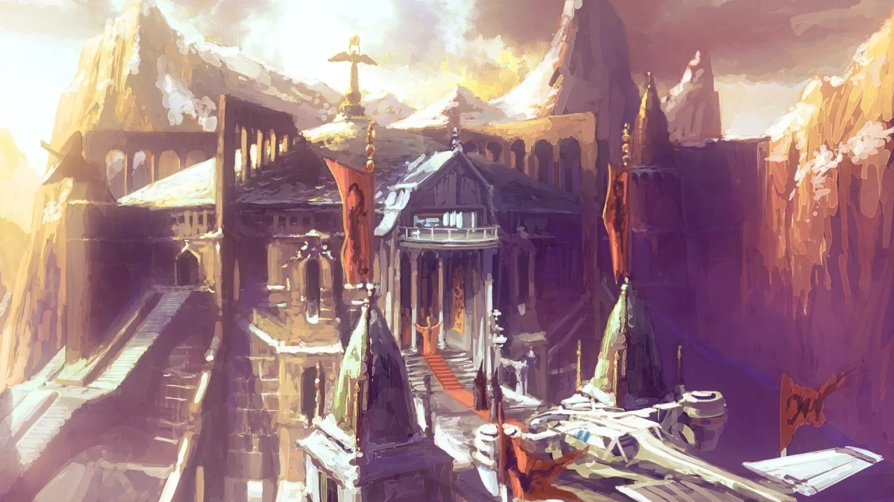 by peteamachree, цитадель, арт, крепость, mountain citadel, флаги, сооружение, фантастика, горы
