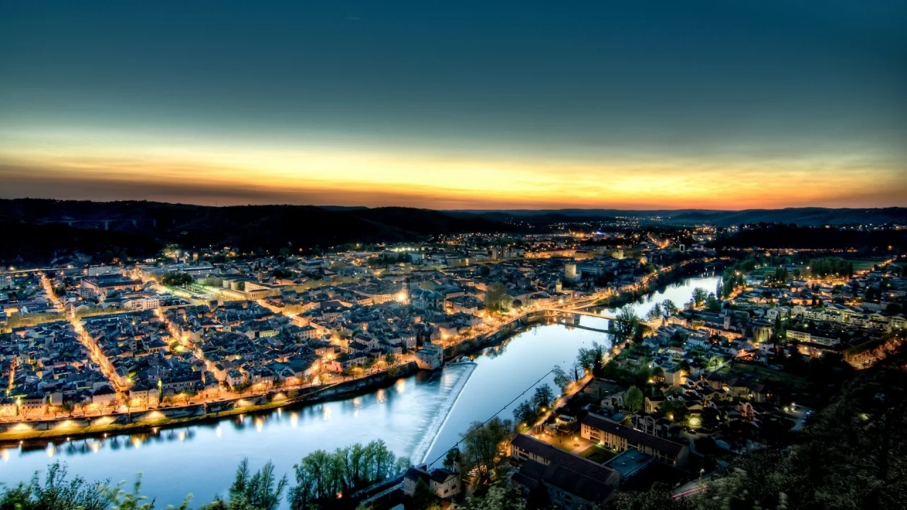 city, cahors, ло, огни, каор, город, вечер, закат, франция, река