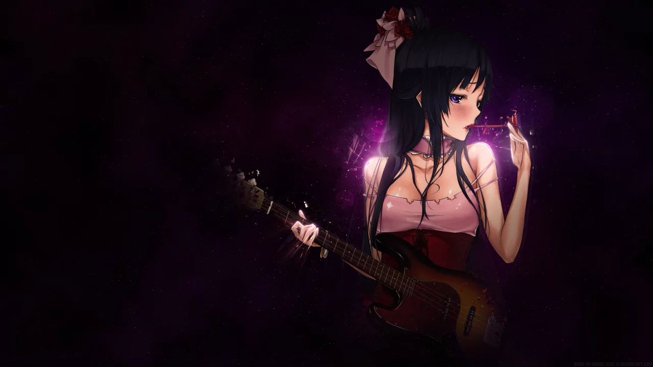 девушка, k-on, гитара, очки, akiyama mio