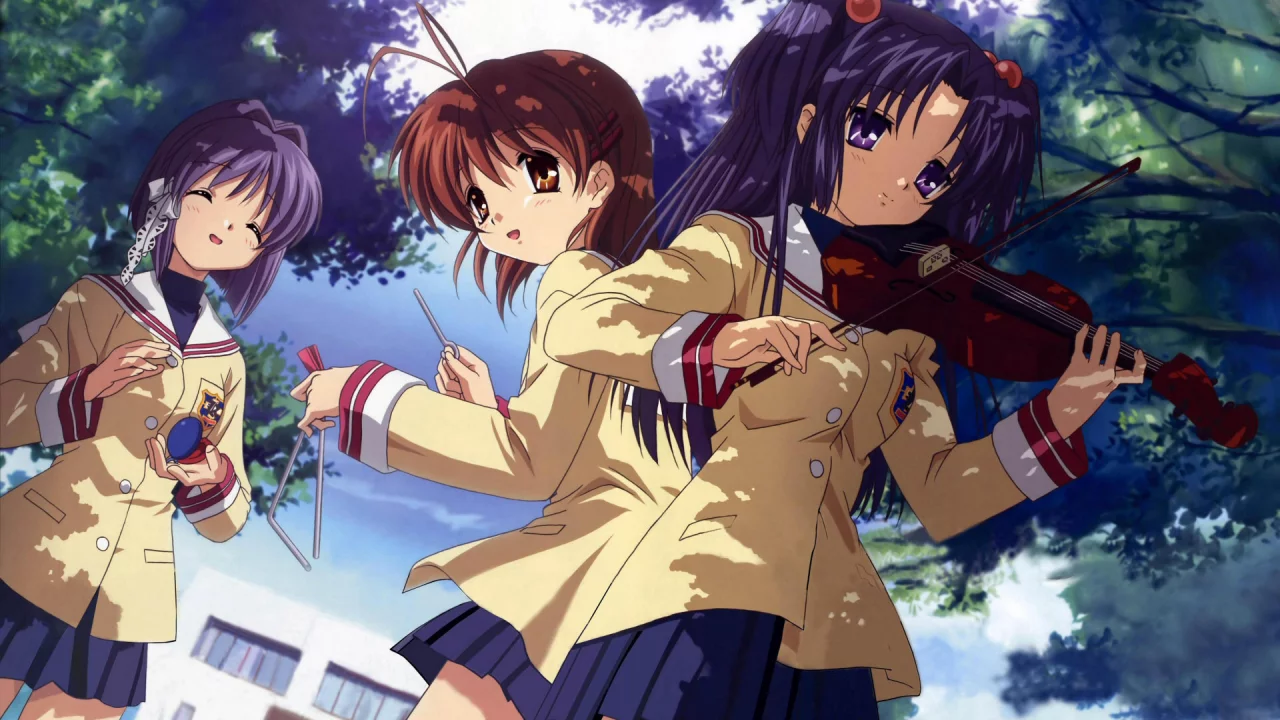кланнад, синие волосы, музыкант, школа, аниме, темные волосы, clannad, anime, девочки, юбка, деревья, улыбка, скрипка, глаза, обои