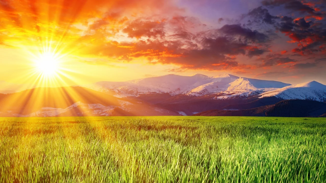 зелёный, красивое, заснеженные, луг, солнце, splendid landscape, ослепительное, небо, облака, горы