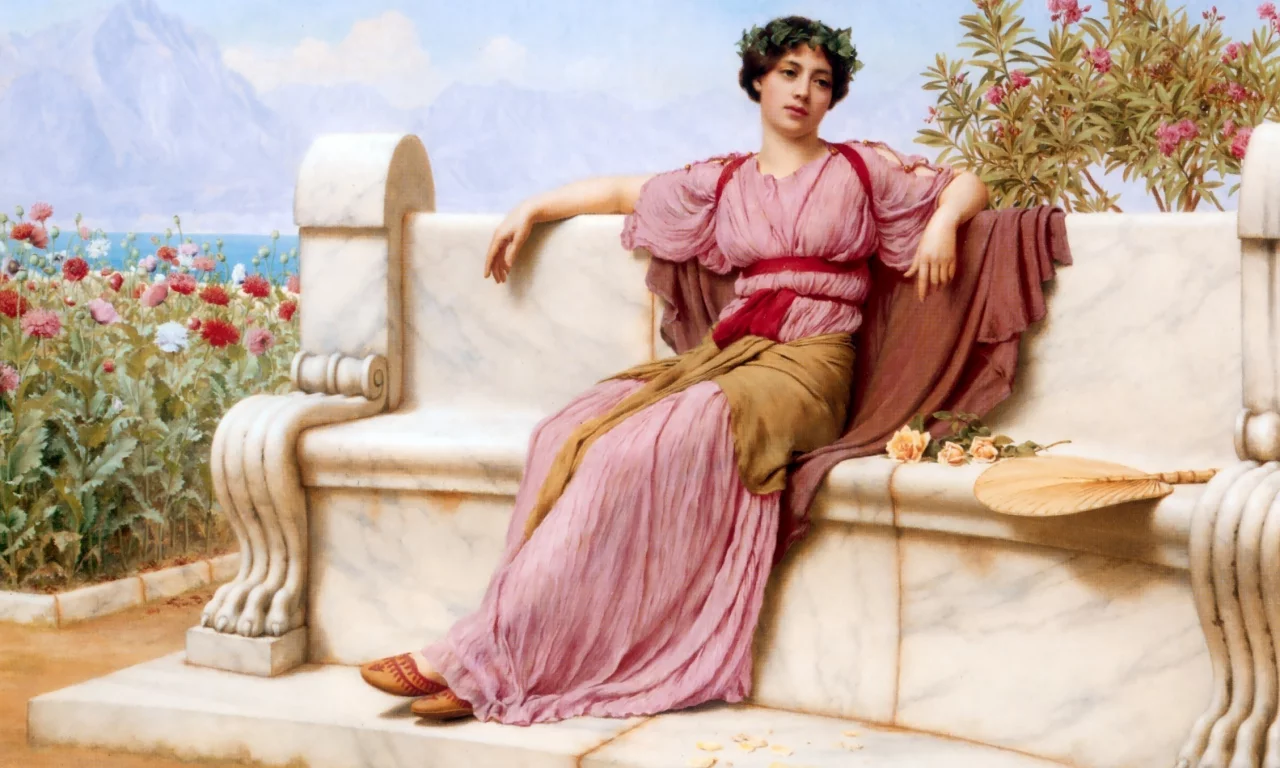 девушка, картина, рисунок, john william godward, сидит
