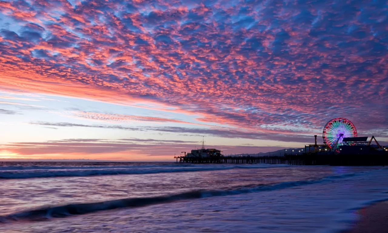 santa monica, море, вечер, горизонт, штат калифорния, санта - моника, сша, побережье, пирс, закат, небо