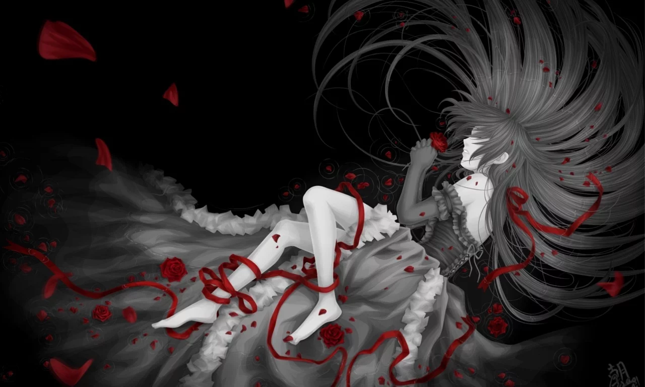 черный, pandora hearts, сердца пандоры, alice, девушка, розы, ленточка, лепестки