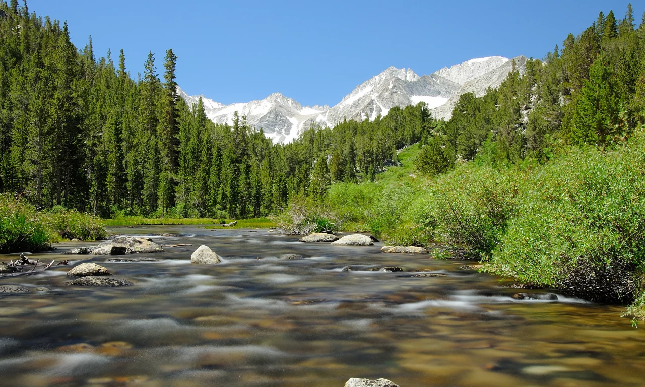 камни, поток, небо, река, лес