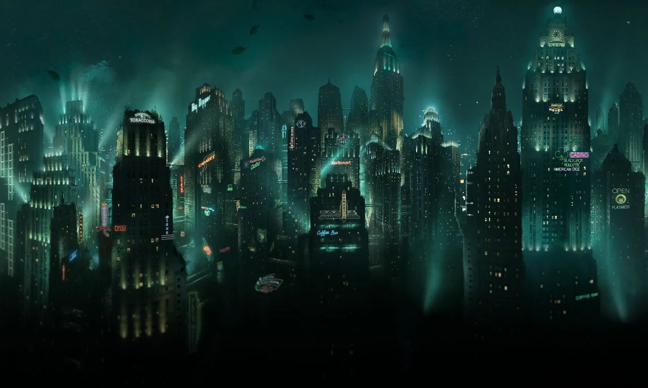 рыбы, небоскребы, подводный, восторг, город, вывески, bioshock, огни