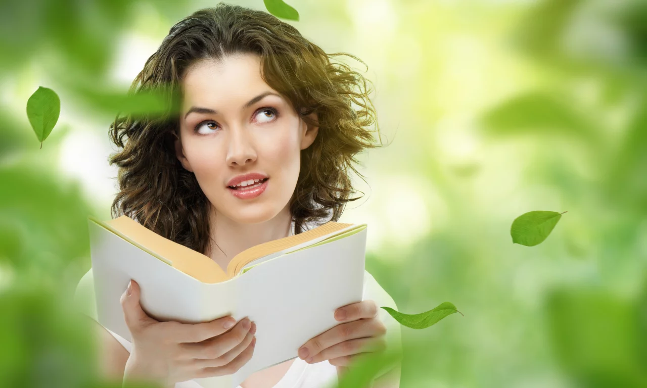 природа, листья, книга, девушка