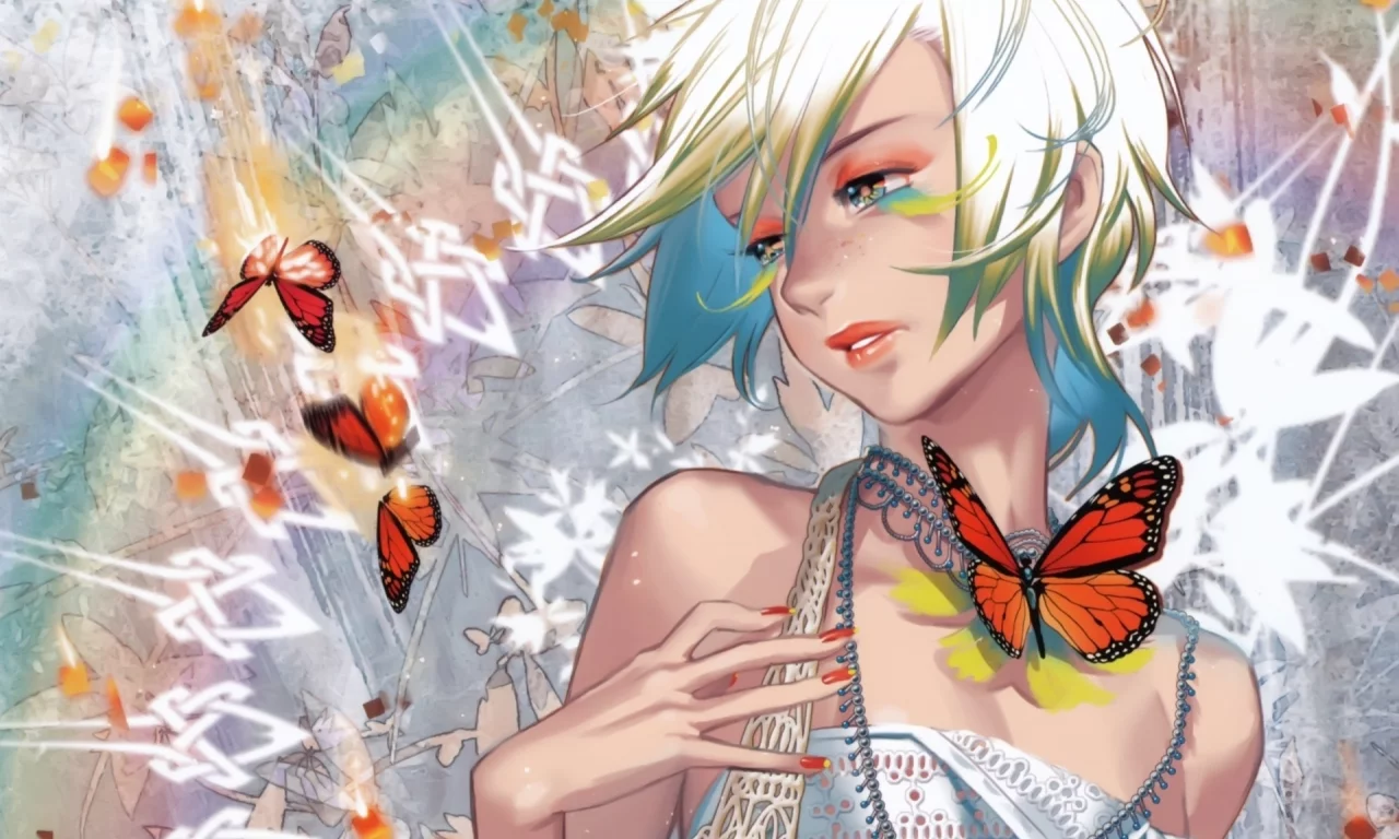 девушка, бабочка, блондинка, рука, midori foo (artist)