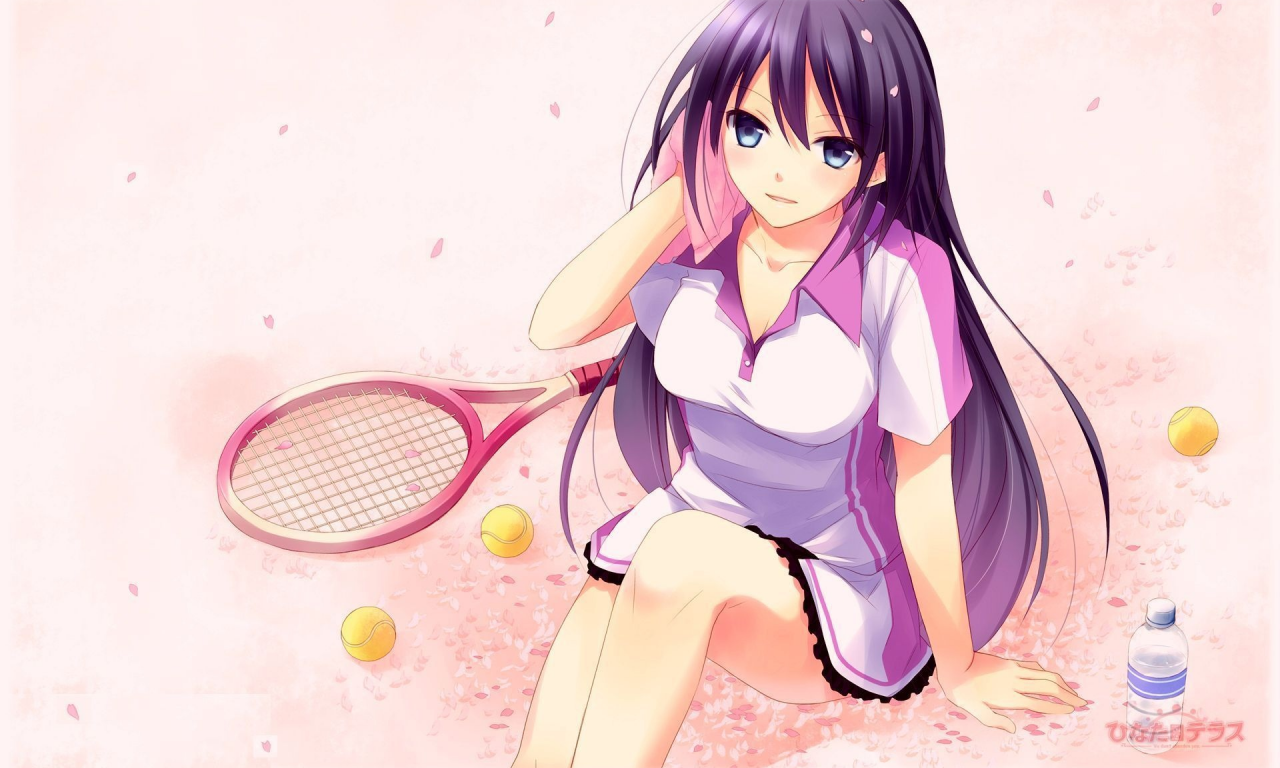платье, tennis girl, мячики, аниме, теннисистка, девушка, ракетка, полотенце, лепестки, арт, розовые, спорт