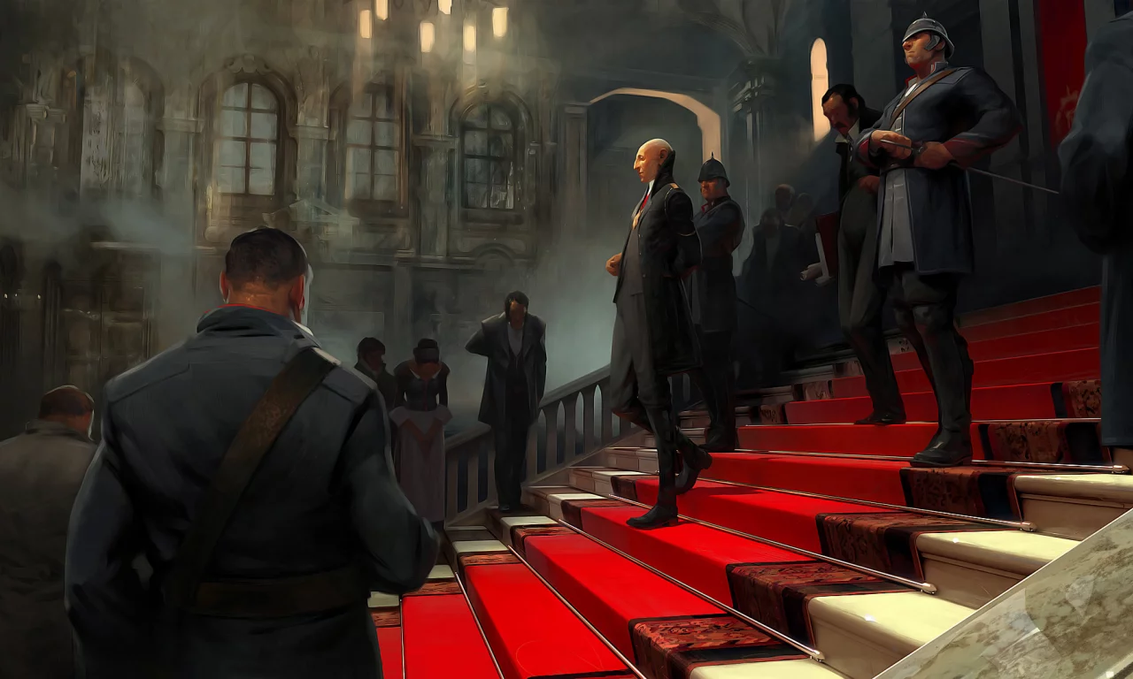 караул, красная, дворец, дорожка, ковровая, солдаты, ступени, форма, dishonored, люди