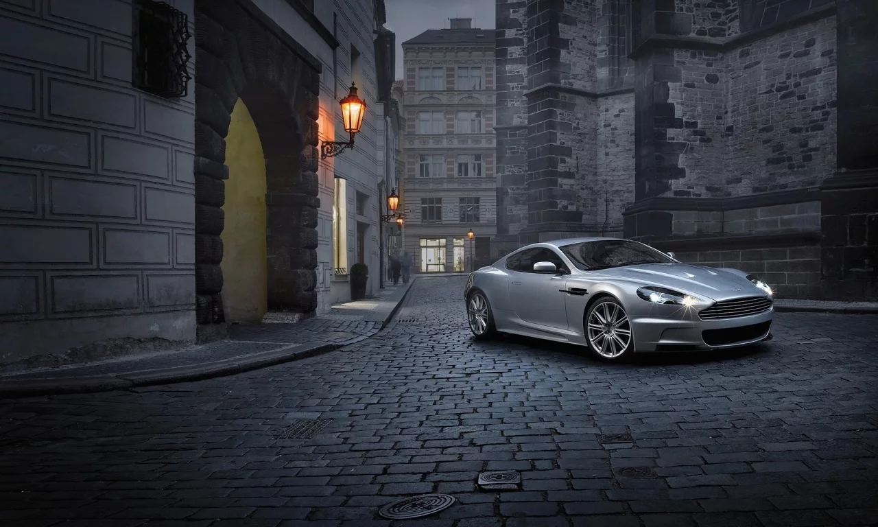 aston martin, вечер, астон мартин, город, улица, dbs, фонарь